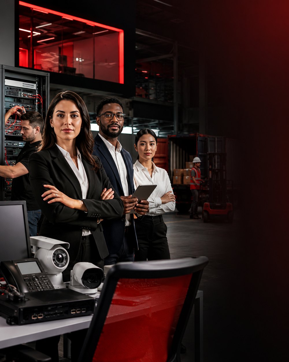 Collaborateurs ALTAVORY entre plateau technique, matériel de sécurité et zone logistique